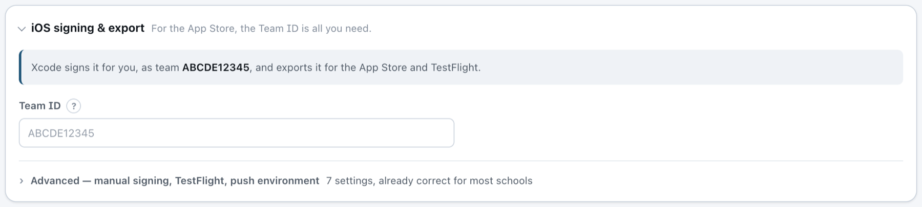 iOS signing section: Team ID